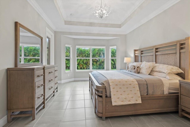 8369 Paladin Sq, Vero Beach, FL 32967 - bedroom featuring a chandelier, light tile patterned floors, baseboards, ornamental molding, and a tray ceiling