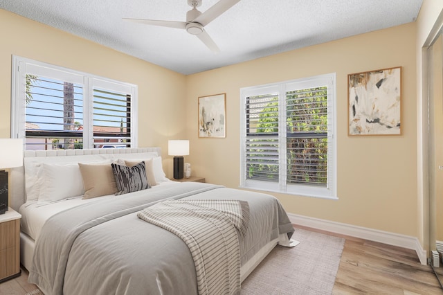 11700 Island Lakes Ln, Boca Raton, FL 33498 - bedroom with multiple windows, light wood finished floors, baseboards, a ceiling fan, and a textured ceiling