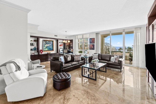 3740 S Ocean Blvd Unit 403, Highland Beach, FL 33487 - living area with a chandelier, crown molding, and marble tiled flooring