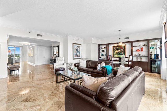 3740 S Ocean Blvd Unit 403, Highland Beach, FL 33487 - living room with a chandelier, ornamental molding, light marble finish flooring, and wine cooler