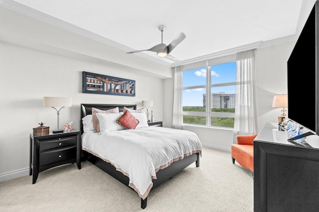 3740 S Ocean Blvd Unit 403, Highland Beach, FL 33487 - bedroom with baseboards, light carpet, ornamental molding, and ceiling fan