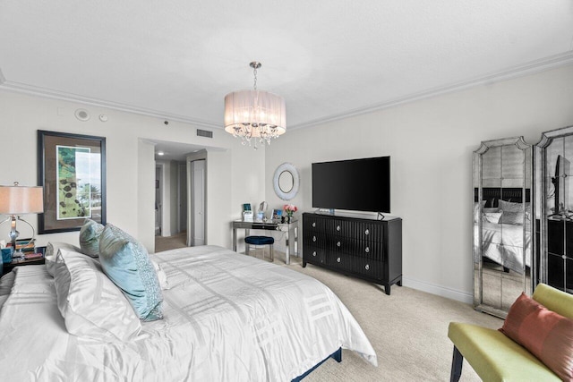 3740 S Ocean Blvd Unit 403, Highland Beach, FL 33487 - bedroom with a chandelier, crown molding, light carpet, and baseboards