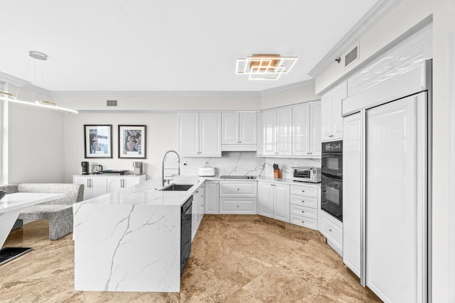 3740 S Ocean Blvd Unit 403, Highland Beach, FL 33487 - kitchen with a sink, black appliances, a peninsula, ornamental molding, and white cabinetry