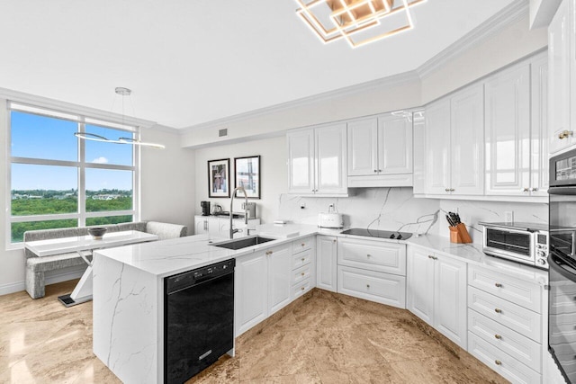 3740 S Ocean Blvd Unit 403, Highland Beach, FL 33487 - kitchen with black appliances, ornamental molding, a sink, a peninsula, and white cabinetry