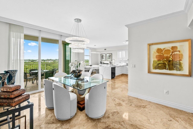 3740 S Ocean Blvd Unit 403, Highland Beach, FL 33487 - dining space featuring a chandelier, crown molding, and baseboards