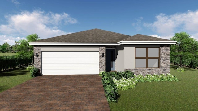 view of front of house with stone siding, a garage, decorative driveway, roof with shingles, and a front lawn