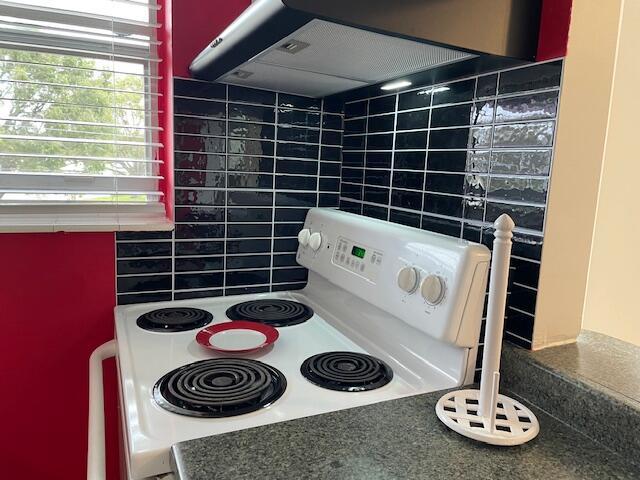111 SE 1st St Unit 7, Boynton Beach, FL 33435 - kitchen view of white electric range and under cabinet range hood