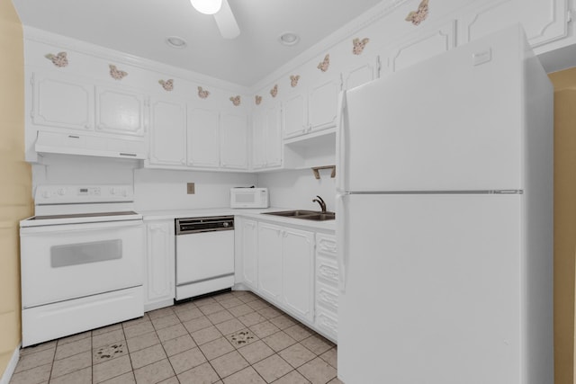 10109 45th Trl S, Boynton Beach, FL 33436 - kitchen featuring white appliances, under cabinet range hood, a sink, white cabinetry, and light countertops
