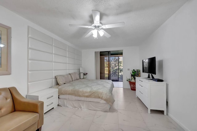 7844 La Mirada Dr, Boca Raton, FL 33433 - bedroom with access to outside, light marble finish flooring, a textured ceiling, and ceiling fan