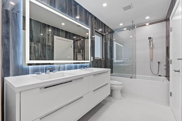 2646 NW 49th St, Boca Raton, FL 33434 - bathroom featuring a combined bath / shower with rainfall shower, toilet, double vanity, and recessed lighting