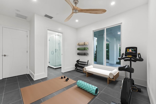 2646 NW 49th St, Boca Raton, FL 33434 - workout area with a ceiling fan, baseboards, recessed lighting, and dark tile patterned flooring