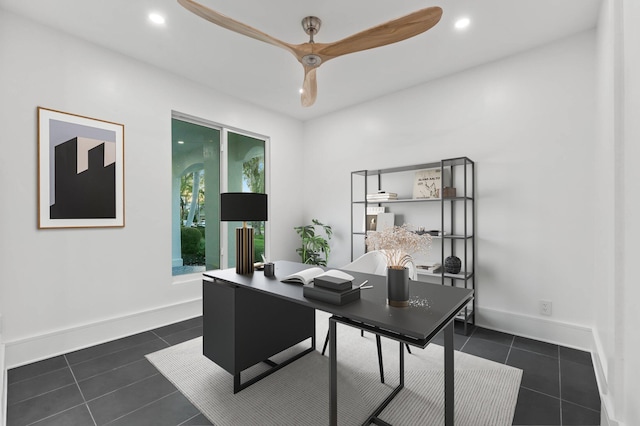 2646 NW 49th St, Boca Raton, FL 33434 - office space with dark tile patterned flooring, ceiling fan, baseboards, and recessed lighting