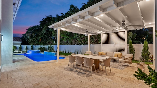 2646 NW 49th St, Boca Raton, FL 33434 - view of swimming pool featuring ceiling fan, a fenced backyard, outdoor dining space, a patio area, and outdoor lounge area