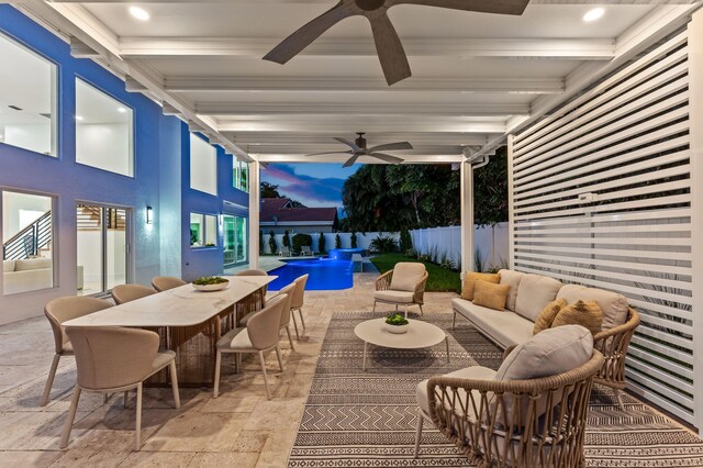 2646 NW 49th St, Boca Raton, FL 33434 - fenced backyard featuring ceiling fan, an outdoor living space, outdoor dining space, and a patio area