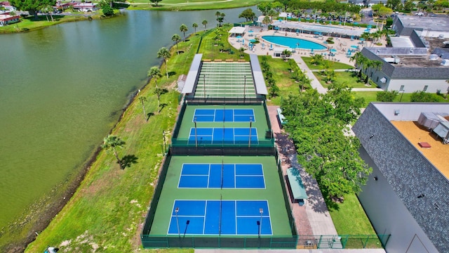 aerial view of a large body of water and a pool