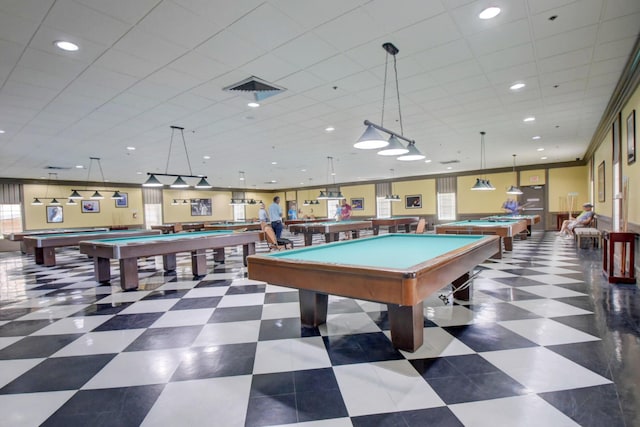 rec room featuring billiards, a paneled ceiling, recessed lighting, and tile patterned floors