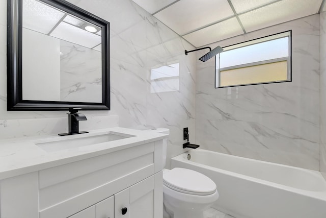 full bath featuring toilet, shower / washtub combination, vanity, and marble finish floors