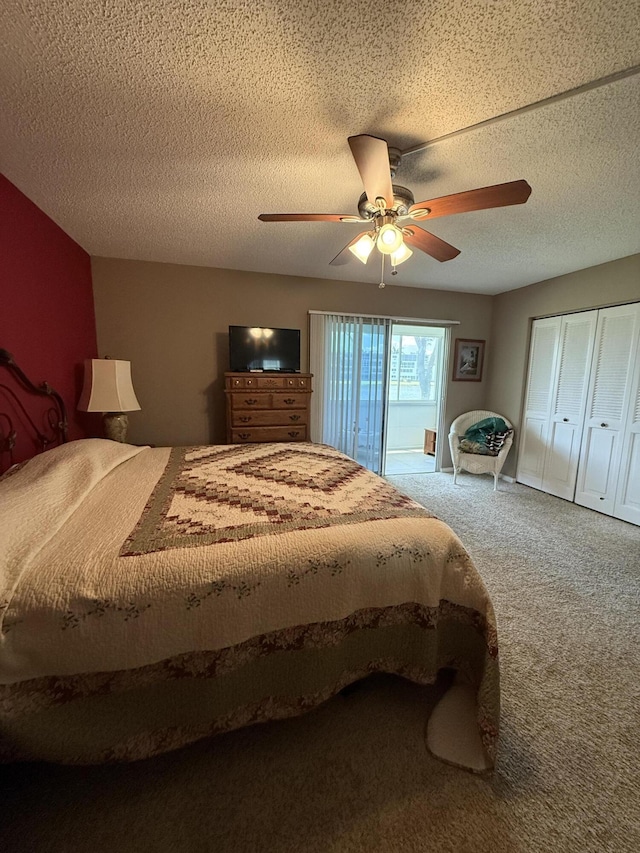 1008 Wolverton A, Boca Raton, FL 33434 - bedroom with carpet, access to outside, ceiling fan, and a textured ceiling
