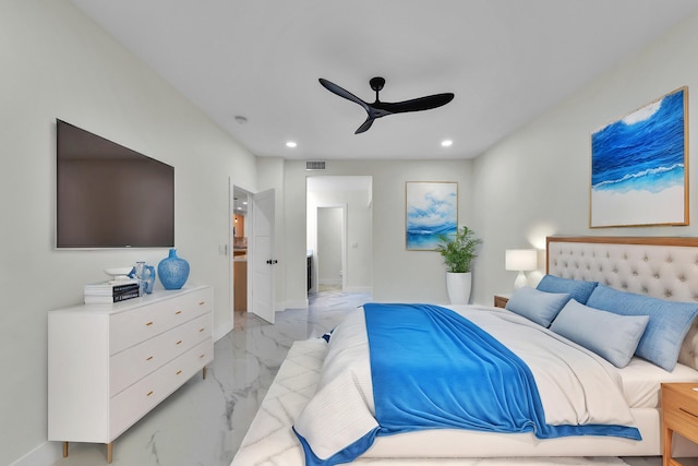 100 Paradise Harbour Blvd Unit 502, North Palm Beach, FL 33408 - bedroom with light marble finish floors, recessed lighting, a ceiling fan, and baseboards