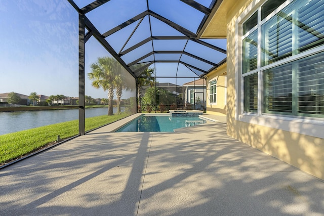 17009 SW Sapri Way, Port Saint Lucie, FL 34986 - view of swimming pool featuring a patio, a water view, a pool with connected hot tub, and glass enclosure