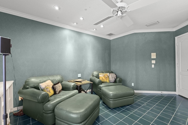 sitting room with a ceiling fan, crown molding, tile patterned floors, baseboards, and recessed lighting