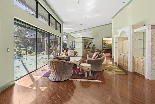 living area with wood finished floors, a towering ceiling, and a sunroom