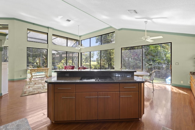 kitchen with black electric cooktop, dark countertops, lofted ceiling, ceiling fan, and dark wood-style floors