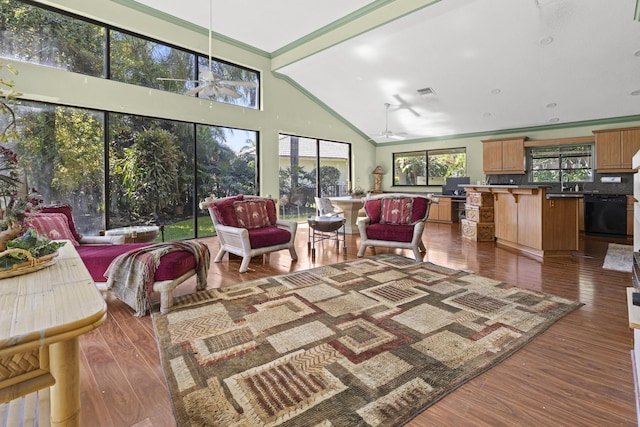 17902 Milburn Way, Boca Raton, FL 33498 - living room with ceiling fan, wood finished floors, and high vaulted ceiling