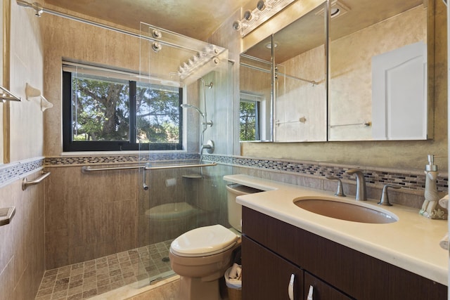 17902 Milburn Way, Boca Raton, FL 33498 - bathroom with a tile shower, vanity, and tile walls