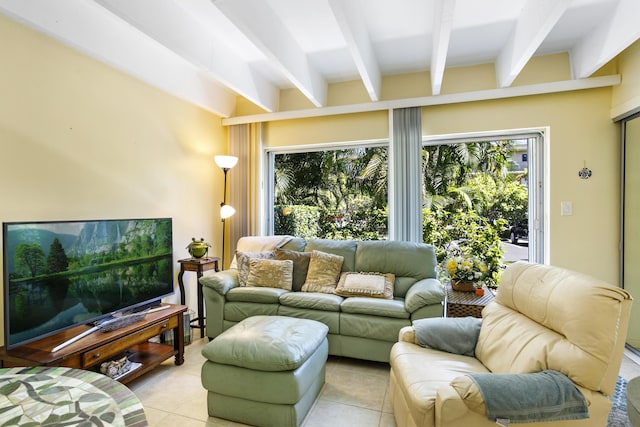 4001 S Ocean Blvd Unit 118, South Palm Beach, FL 33480 - living room with beam ceiling and light tile patterned floors