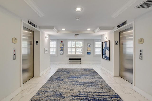 255 NE 3rd Ave Unit 2-516, Delray Beach, FL 33444 - hallway with light marble finish flooring, elevator, ornamental molding, recessed lighting, and baseboards