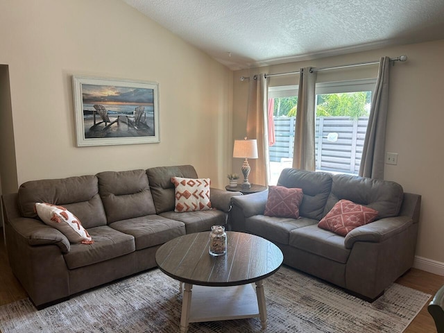 living area with wood finished floors, a textured ceiling, vaulted ceiling, and baseboards
