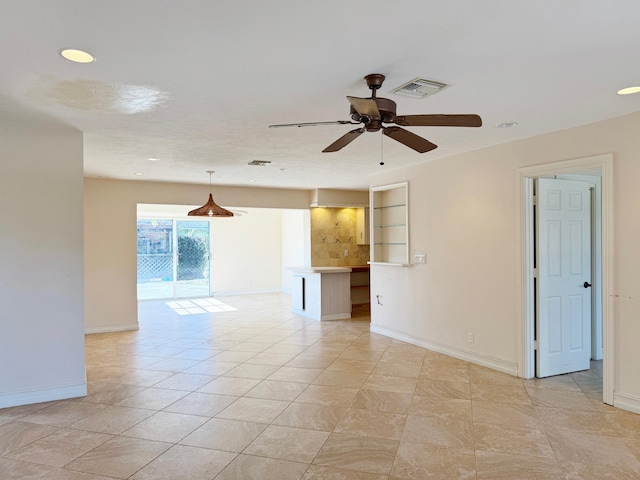 unfurnished room featuring ceiling fan, baseboards, recessed lighting, and light tile patterned floors