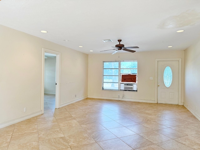 unfurnished room with ceiling fan, recessed lighting, cooling unit, baseboards, and light tile patterned flooring