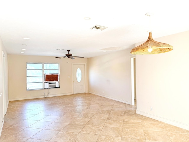unfurnished room featuring a ceiling fan, cooling unit, light tile patterned floors, baseboards, and recessed lighting