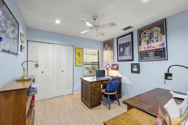 1 Danby Pl, Boynton Beach, FL 33426 - home office featuring a ceiling fan, light wood-style flooring, a textured ceiling, recessed lighting, and baseboards