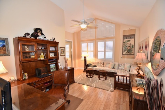 5845 NW 24th Ave Unit 1103, Boca Raton, FL 33496 - office area featuring vaulted ceiling, ceiling fan, and wood finished floors