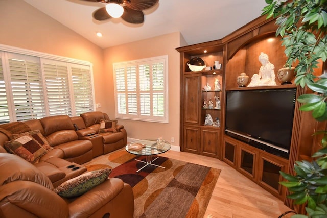 5845 NW 24th Ave Unit 1103, Boca Raton, FL 33496 - living area featuring a ceiling fan, lofted ceiling, and light wood-style floors