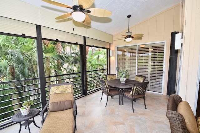 5845 NW 24th Ave Unit 1103, Boca Raton, FL 33496 - sunroom with vaulted ceiling, ceiling fan, and outdoor dining area