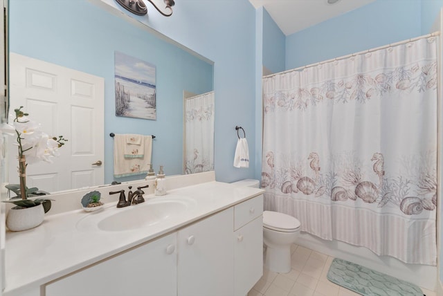 bathroom featuring toilet, tile patterned flooring, vanity, and shower / bathtub combination with curtain