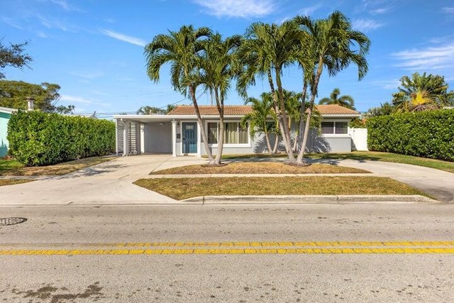 921 SE 13th Ct, Deerfield Beach, FL 33441 - ranch-style house with concrete driveway, a carport, stucco siding, and a tiled roof