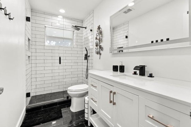 921 SE 13th Ct, Deerfield Beach, FL 33441 - full bathroom featuring a shower stall, toilet, vanity, and recessed lighting