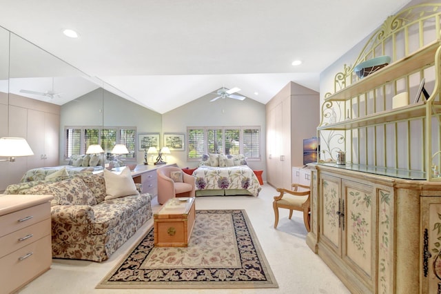 bedroom with vaulted ceiling, light carpet, ceiling fan, and recessed lighting
