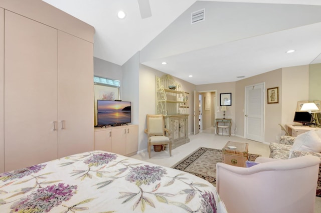 bedroom featuring vaulted ceiling, baseboards, recessed lighting, ceiling fan, and light carpet