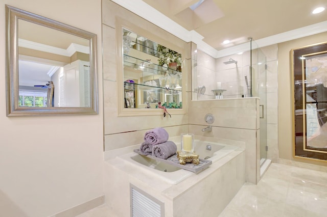 full bathroom with ornamental molding, a stall shower, a bath, and baseboards