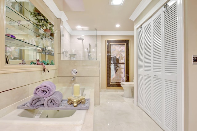 full bathroom with ornamental molding, walk in shower, a whirlpool tub, a closet, and toilet
