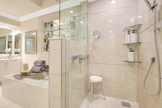 bathroom with crown molding, walk in shower, a garden tub, and vanity