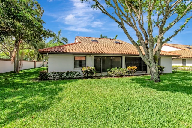 6078 Sunny Pointe Cir, Delray Beach, FL 33484 - rear view of property with a tiled roof, stucco siding, and a sunroom