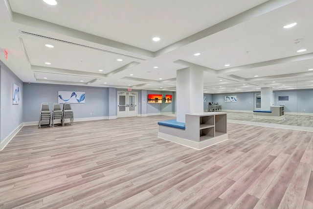6078 Sunny Pointe Cir, Delray Beach, FL 33484 - exercise area featuring baseboards, light wood-style flooring, coffered ceiling, and recessed lighting