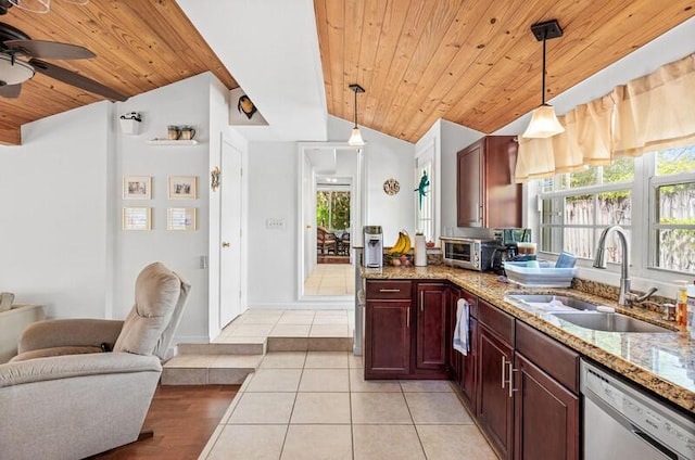 341 NE 7th Ave, Delray Beach, FL 33483 - kitchen with stainless steel dishwasher, a sink, lofted ceiling, wood ceiling, and plenty of natural light